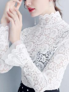 เสื้อเชิ้ตคอปกสูงทรงหลวมแขนยาวผ้าตาข่ายลูกไม้บุขนแกะสำหรับผู้หญิง เสื้อเชิ้ตแฟชั่นฤดูใบไม้ร่วง/ฤดูหนาว สีขาว