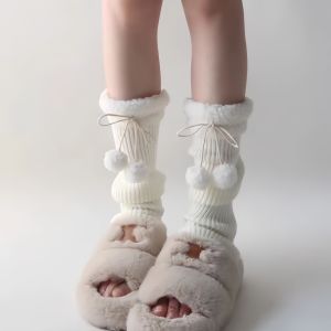 Fall and Winter Lamb Wool Patchwork Knitted Leg Warmers Warm and Slimming Pile Style Small Leg Protector Socks Fur Ball Middle-Long Stockings Children