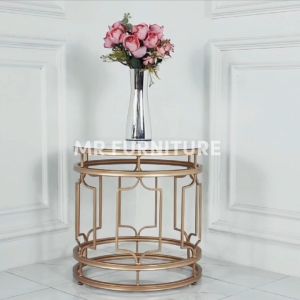 Meja Tamu Bulat Klasik Gold Top Marmer Putih Carrara