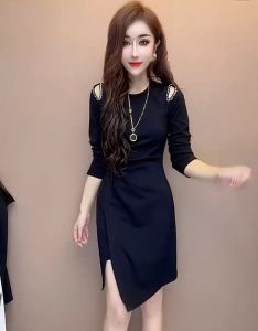 Womens new style beaded off-shoulder medium-length little black dress