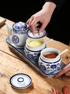 Commercial Home Kitchen Ceramic Underglaze Blue And White Porcelain Sauce Vinegar Pot with Tray Spicy Pepper Holder Seasoning Jar