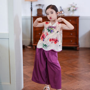 Girls Summer Outfit 2025 New Vintage Chinese Style Wide Leg Pants Two Piece Set Improved Top Vest for Kids Ages 5-14
