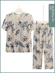 Bộ Đồ Lụa Băng Tay Ngắn Mùa Hè Cho Bà Ngoại Thường Ngày Thoải Mái Thoáng Khí Hai Mảnh Áo Sơ Mi Quần Dài