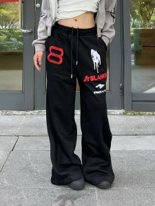 808h American Street Heavyweight Angel Horse Embroidery Elastic Waist Sports Sweatpants Loose Wide Leg Long Trousers for Men