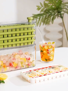 Push Button Ice Cubes Maker Machine 50/100 Large Trays Silicone Mold with Secure Lock Lid Portable Easy Pop Out Bucket