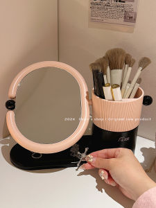 เครื่องสำอางแบบหมุนได้พร้อมกล่องเก็บแปรงแต่งหน้า กระจกรอบสำหรับจัดระเบียบเครื่องสำอาง กล่องเก็บเครื่องประดับ ชั้นวางเครื่องสำอาง