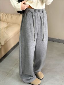 Gray Fleece Lined Wide Leg Pants Womens Autumn Winter High Waist Sports Sweatpants Drapey Casual Trousers Female