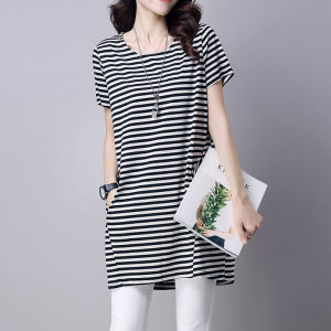 Loose Striped Short Sleeve T-Shirt Womens plus Size Korean Style Summer Top Belly Covering Comfortable Cotton Blend Dress