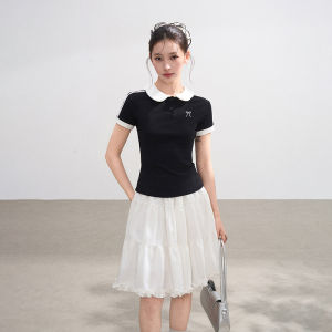 BAIDAIFEI | Black Doll Collar Short Sleeved Fitted Fake Two-Piece Polo Shirt