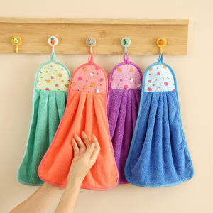 Kitchen Hand Drying Towel Hanging Cute Towel Absorbent Household Bathroom Thickened Hand Cloth Coral Fleece Cleaning Cloth