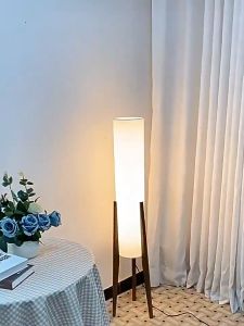 Floor Lamp for Living RoomWalnut Wood Tripod Floor Lamp Linen Lamp Shade Standing Lamp