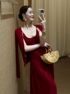 SHANGSHA | Summer Cool Elegance Fashionable Light Mature Lady Red Knit Dress Suit