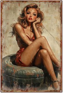 CIFbuy | Vintage Retro Girl Theme Tin Signs Wall Art Decoration The Girl Sitting On the Tire Print Poster Funny And Unique
