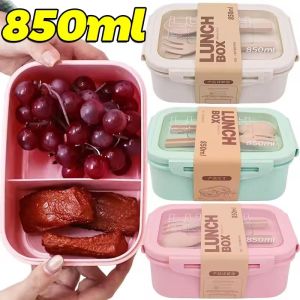 3Colors Divided Lunch Box Portable Large Capacity Microwae Bento Box with Fork and Spoon Food Storage Container for School Camping 850ml