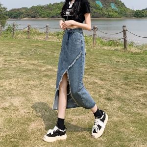 High Waist Slit Denim Mini Skirt Womens Spring Autumn New Slimming Mid-Length Bodycon Summer A-Line Skirt Korean Style Commute