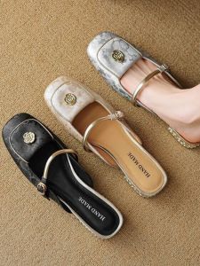 French Style Semi Slip-On Slippers Womens Fashionable Outdoor Wear Leather Mouth Low Cut Chunky Heel Backless Shoes
