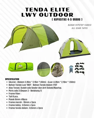 Tenda camping kemping gunung keluarga dome 5 orang 2 pintu bahan polyester ripstop elite lwy outdoor