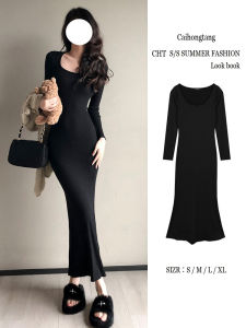 Váy Nàng Tiên Cá Dài Tay Màu Đen Cho Nữ Váy Dự Tiệc Cạp Cao Cổ Tròn Phong Cách Đường Phố Gợi Cảm Cho Mùa Đông