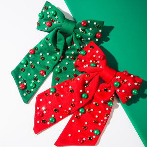 New Christmas Elements Bow Hairpin Womens Fashion Nail Diamond Pearl Holiday Party Spring Clip Hair Accessories