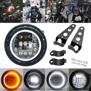 Đèn Pha Xe Máy LED 75 Inch Có Vòng Halo Màu Hổ Phách Báo Rẽ Cho Honda Victory Kawasaki Cafe Racer Chiếu Sáng Xe Máy Tùy Chỉnh