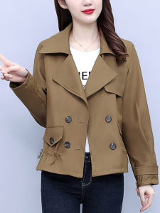 Casual Short Style Womens Windbreaker Double Button Elegant Top Korean Version Slim Fit Polyester Fiber Long Sleeve Pure Color