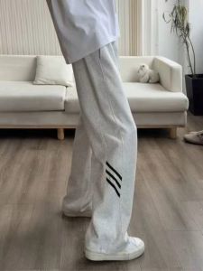 Quần Dài Nam American Grey Stripes White Flower Quần Dài Thể Thao Ống Đứng Cạp Cao Mùa Thu Quần Dài Thể Thao