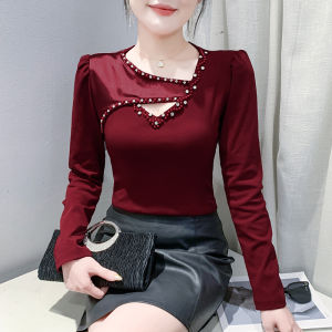 YIMEI เสื้อยืดลูกปัดเล็บคอวีสำหรับผู้หญิงเสื้อแฟชั่นกลวงแหวกแนวสำหรับฤดูใบไม้ผลิ2025เสื้อสีม่วงผ้าฝ้ายแขนยาวสำหรับผู้หญิง