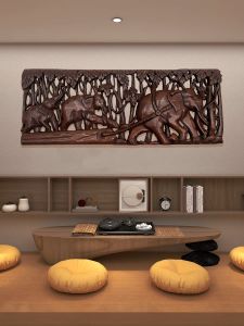 แผ่นไม้แกะติดผนัง แกะสลักช้างไม้สักทอง ของตกแต่งโรงแรม ตกแต่งร้านกาแฟ แผ่นฉลุลายช้างต้นสัก ประดับทางเดินของโรงแรม