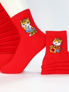 Boys Mid-Calf Pure Cotton Socks Red Cotton Polyester Blend Elastic Fiber Cartoon Design Comfortable Soft Mid-Term Socks