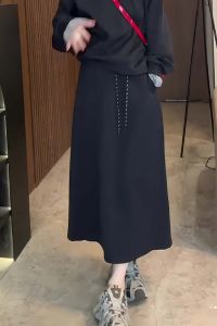 Black Minimalist Style Elastic Waist Belted Half Skirt Pure Color Casual Straight Cut Autumn Fashion Sportswear plus Size Womens Skirts