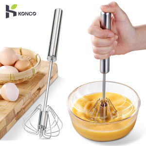 KONCO semi-automatic Egg Whisk Egg beater Stainless Steel Balloon Wire Whisk Baking Blender Egg Frother Milk Beater Kitchen Utensil for Egg Blending Stirring