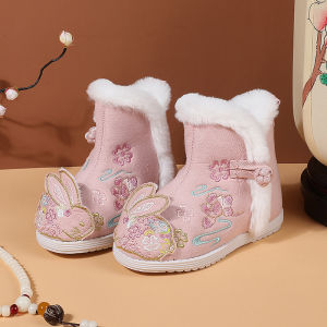 SHIPAILUO | New Winter Childrens Hanfu Snow Boots Embroidered Shoes Chinese Style Cotton Slippers Girls Festival Greeting Footwear