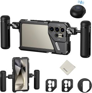 NEEWER Phone Cage Video Rig for S24 Ultra with Side Handles Grip Bluetooth Shutter Phone Camera Cage with 67mm Filter Adapter 17mm Lens Mount PA042+PA045