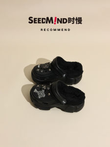 รองเท้าแตะผู้หญิงหนา รองเท้าแตะฤดูหนาวแบบถอดได้ รองเท้าแตะแบบมีหัวเข็มขัดหนา รองเท้าแตะแบบสวม สไตล์สตรีท รองเท้าแตะแบบสวมสำหรับกลางแจ้ง