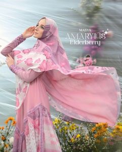 Set Gamis Dress Ceruty Babydoll Printing Premium Syari Branded Biru Muda - Pink - Broken White - Kuning - Green Sage - Tosca - Biru Langit - Cream - Abu - Orange - White - Blue - Jingga Mewah Masya Syari Terbaru Amaryllis MADENIA SYARI By MASYA