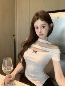 GUZILIAN | Pure Desirable Sweet Spicy Short Sleeve Hollow Out T-Shirt Women Summer Butterfly Knot Slimming Short Style Top Trendy Ins