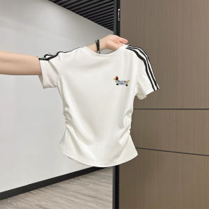 Áo Thun Tay Ngắn Cổ Tròn Ôm Vừa Vặn Mùa Hè Cho Nữ Phong Cách Retro Mỹ Thiết Kế Ba Sọc Eo Nhỏ Gợi Cảm