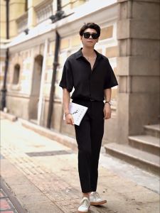 Local Delivery-Summer thin mens fashion trend Casual solid color multi-color optional comfortable lapel short-sleeved shirt