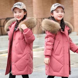 YUAAE Winter Keep Warm Girls Jacket 3-14 Years Old Long Style Big Fur Collar Detachable Hat Hooded Heavy Coat For Kids