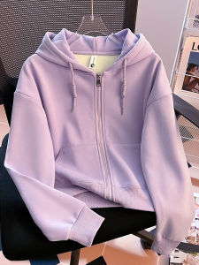 Purple Womens Jacket Slim Fit Zipper Hoodie Spring Autumn Thin Cardigan Top Trendy Casual Comfortable Cotton Blend Long Sleeve