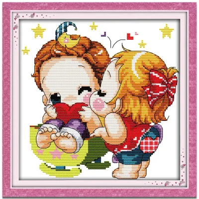 Cross Stitch Set Baby Boy and Girl Child Character Full Kit with Pattern 14/11CT