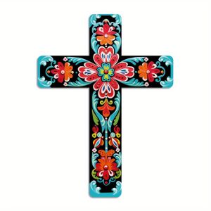 16in 2D Flat Mexican Cross Wooden Wall Art with Colorful Floral Design Wooden Cross Confessor Home Church Farmhouse Decoration