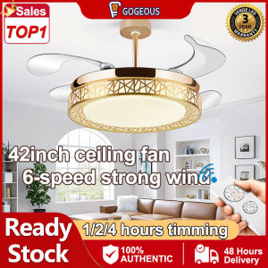 GOGEOUS Invisible ceiling fan with light modern 42inch ceilings fan 3 colors dimming 6 speed wind chandelier with fan ceiling lights with fan with remote ceiling fan with led light ceiling fans for living room bedroom kitchen