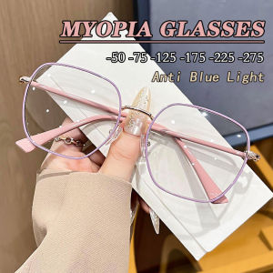 -0.75 -1.25 -1.75 -2.75 New Pink Fashion Versatile Metal Myopia Glasses Women Men Anti Blue Light Computer Glasses Womens Ultra Light Large Frame Glasses