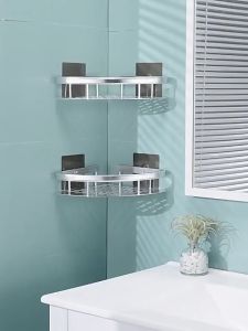 No Drilling Adhesive Wall Mount Shower  Caddy Shampoo Rust-proof Holder Bathroom  Organizer Rust-proof Shower Storage Rack - With  Tower Holder (Black)