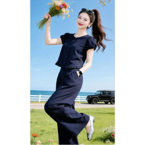 Shalldoer | Bộ Đồ Thời Trang Giúp Gầy Dành Cho Phụ Nữ Bé Người Áo Tay Ngắn và Quần Ống Rộng