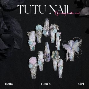 Handmade Heavy-duty Swallowtail Butterfly Rose Carved Nail Wear Gentle Purple Blue Pure Desire TUTU NAIL False Nails