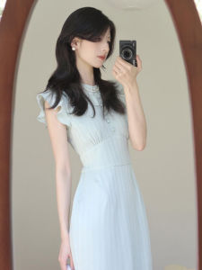 Blue Lace Trim Fly Sleeve Dress Womens Slim Fit Long Dress Spring New Style Commute Korean Version High Waist A-Line Skirt