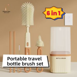 Bottle and Straw Brush Set 6 in 1 Portable Travel Silicone Brush Baby Bottle Feeding Bottle Brush