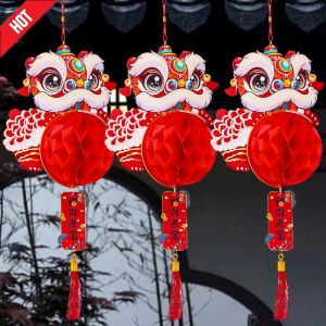 2025 CNY Truyền Thống Trung Quốc năm mới giấy hoạt hình nghệ thuật đèn lồng Mặt dây chuyền Lễ Hội Mùa Xuân thức dậy hoạ tiết sư tử đèn lồng tổ ong (trong kho)